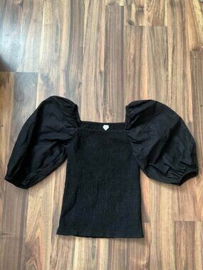 Arket black poplin cotton smocked blouse with puffed sleeves size small